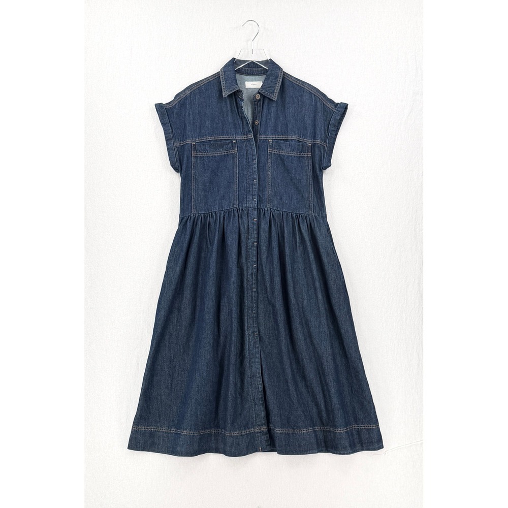 MAYE Harper Denim Dress Women XS Indigo Blue Button Front Midi Short Sleeve NEW - Picture 6 of 16